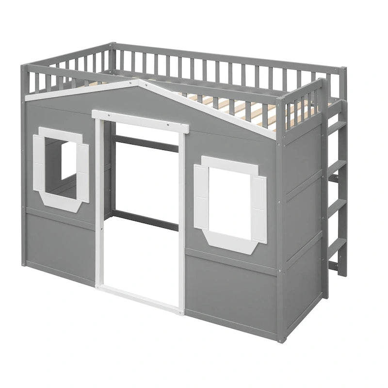 Lit mezzanine en pin massif style château gris/blanc avec échelle et barrières de sécurité