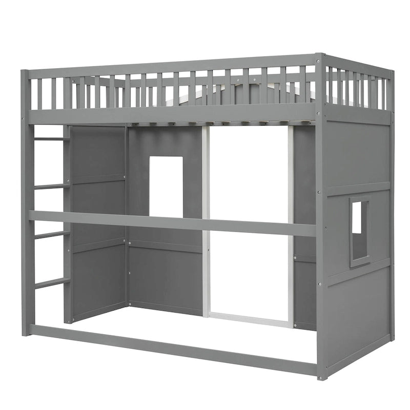 Lit mezzanine en pin massif style château gris/blanc avec échelle et barrières de sécurité