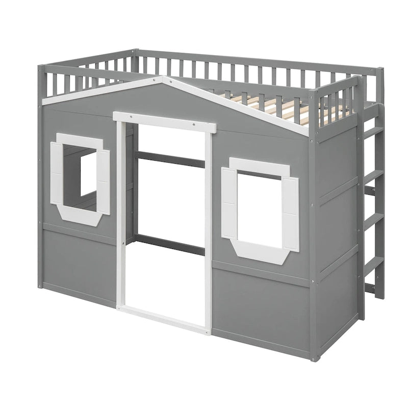 Lit mezzanine en pin massif style château gris/blanc avec échelle et barrières de sécurité