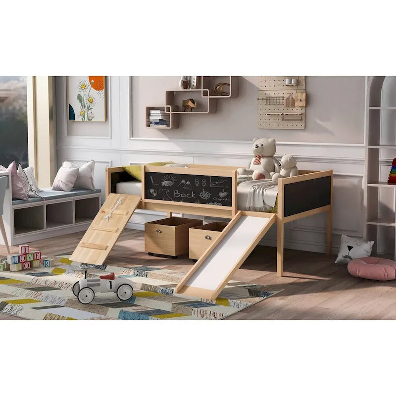 Lit mezzanine en bois pour enfant avec trois tableaux noirs, deux boîtes de rangement et un toboggan, trois coloris disponibles