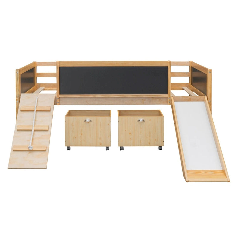 Lit mezzanine en bois pour enfant avec trois tableaux noirs, deux boîtes de rangement et un toboggan, trois coloris disponibles