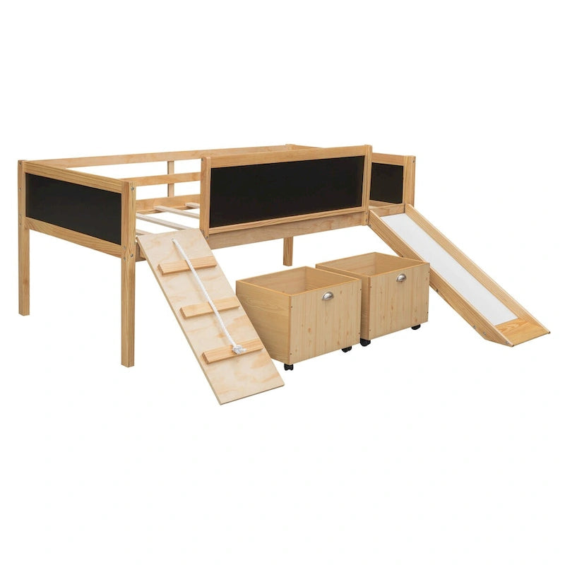 Lit mezzanine en bois pour enfant avec trois tableaux noirs, deux boîtes de rangement et un toboggan, trois coloris disponibles