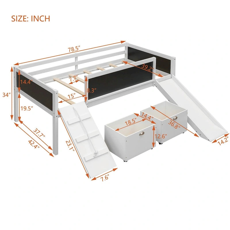 Lit mezzanine en bois pour enfant avec trois tableaux noirs, deux boîtes de rangement et un toboggan, trois coloris disponibles