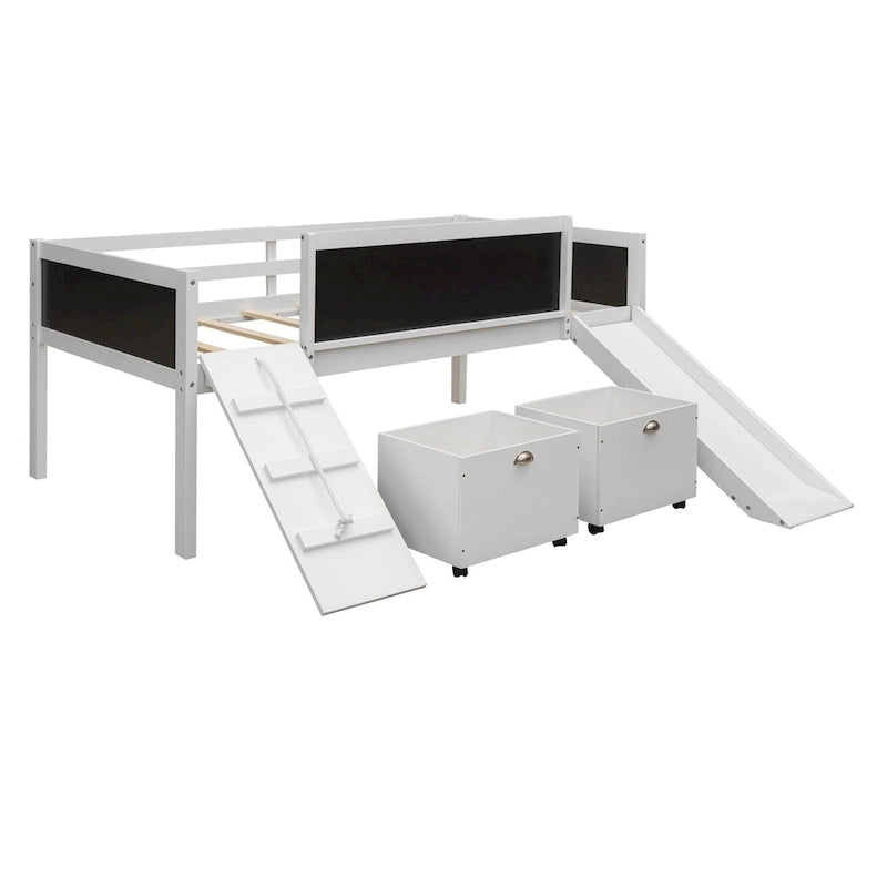 Lit mezzanine en bois pour enfant avec trois tableaux noirs, deux boîtes de rangement et un toboggan, trois coloris disponibles