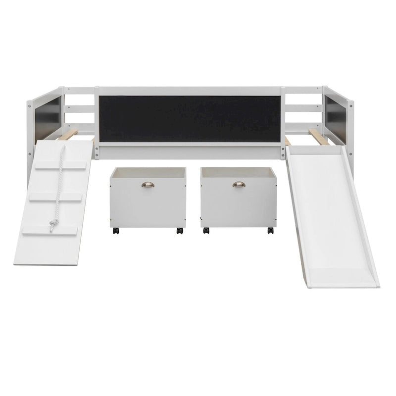 Lit mezzanine en bois pour enfant avec trois tableaux noirs, deux boîtes de rangement et un toboggan, trois coloris disponibles