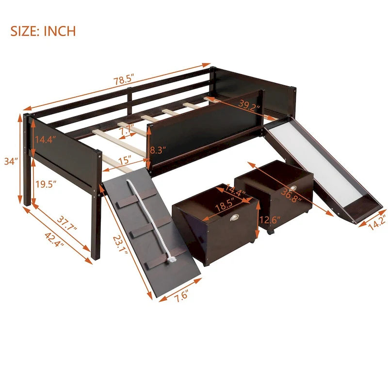 Lit mezzanine en bois pour enfant avec trois tableaux noirs, deux boîtes de rangement et un toboggan, trois coloris disponibles