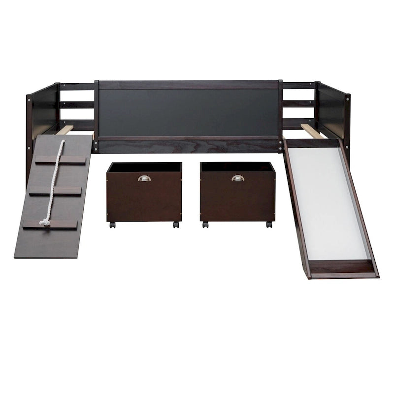 Lit mezzanine en bois pour enfant avec trois tableaux noirs, deux boîtes de rangement et un toboggan, trois coloris disponibles