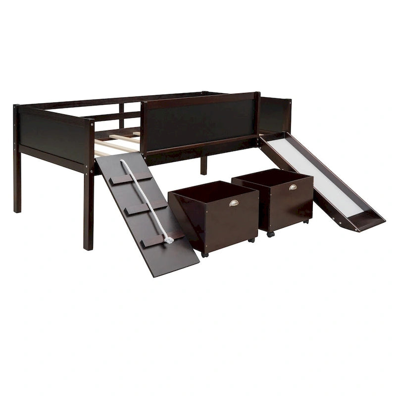 Lit mezzanine en bois pour enfant avec trois tableaux noirs, deux boîtes de rangement et un toboggan, trois coloris disponibles