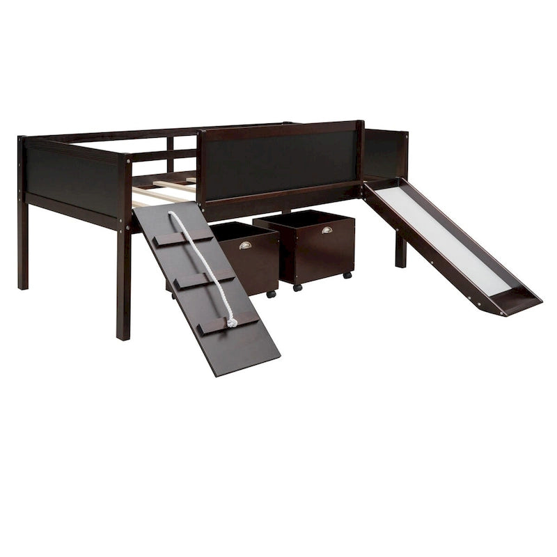 Lit mezzanine en bois pour enfant avec trois tableaux noirs, deux boîtes de rangement et un toboggan, trois coloris disponibles