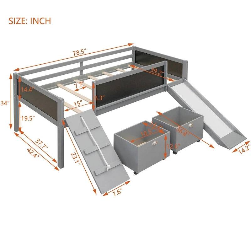 Lit mezzanine en bois pour enfant avec trois tableaux noirs, deux boîtes de rangement et un toboggan, trois coloris disponibles
