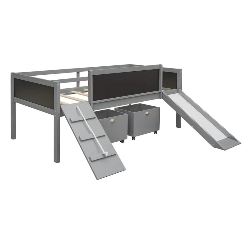 Lit mezzanine en bois pour enfant avec trois tableaux noirs, deux boîtes de rangement et un toboggan, trois coloris disponibles