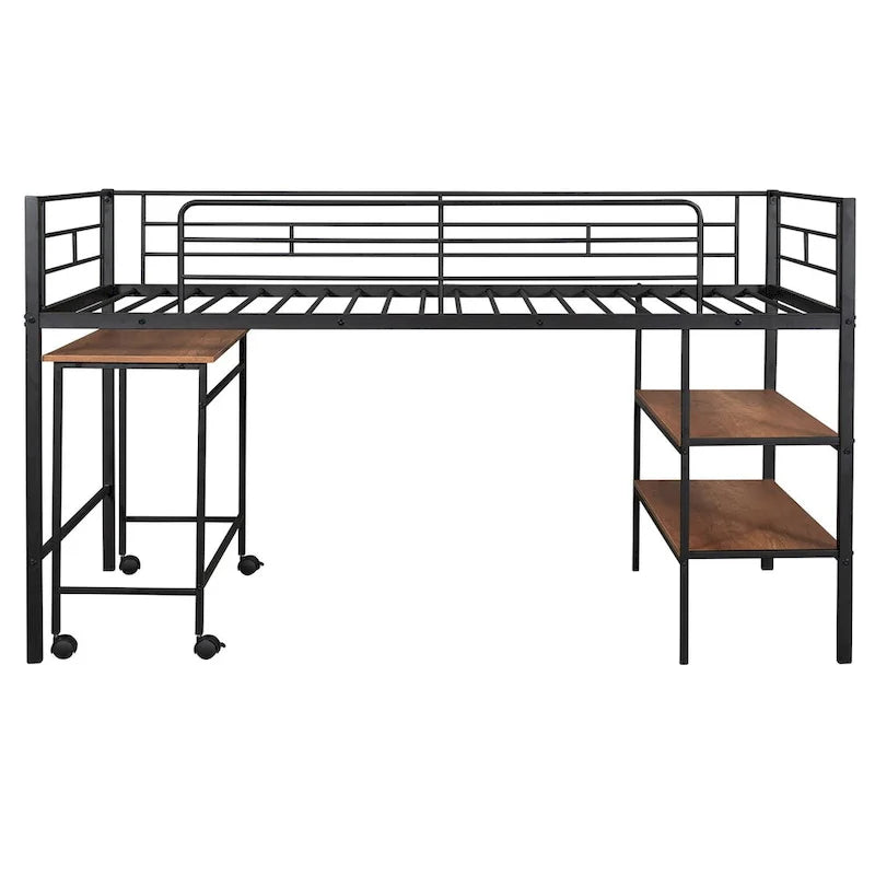 Cadre de lit mezzanine bas jumeau avec bureau roulant et étagères, lit en métal double avec supports de lattes en acier, pour adolescents, enfants