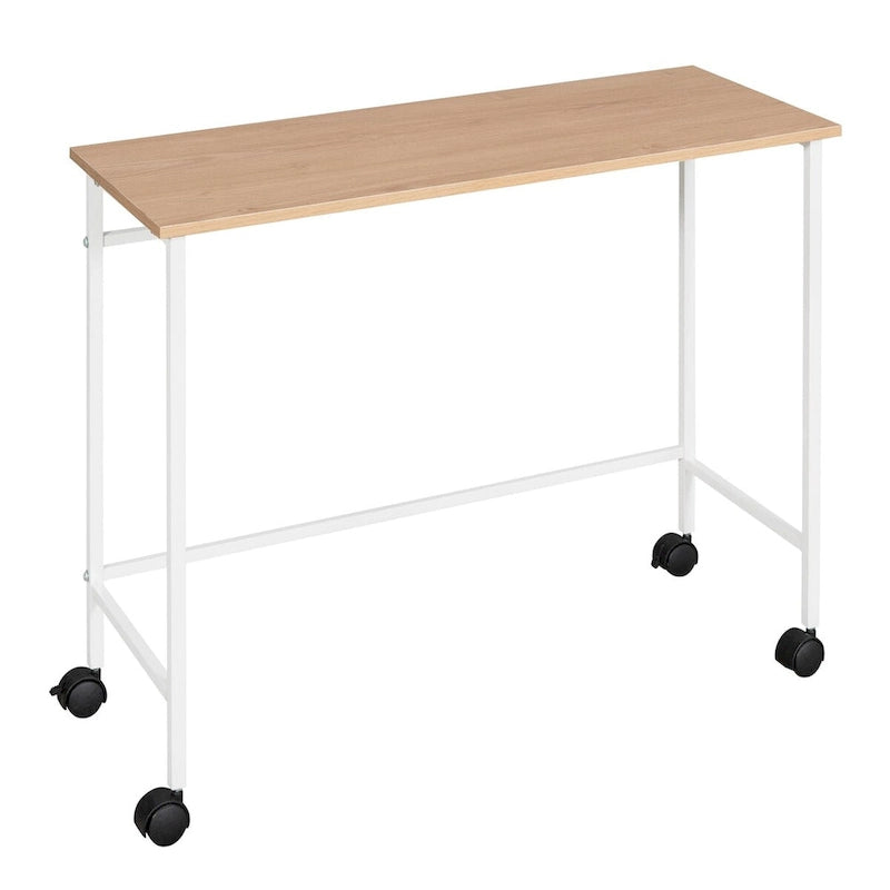 Cadre de lit mezzanine bas jumeau avec bureau roulant et étagères, lit en métal double avec supports de lattes en acier, pour adolescents, enfants