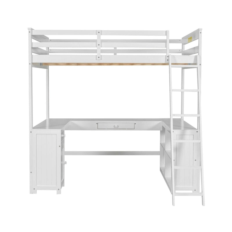 Lit mezzanine deux places avec bureau en U, tiroirs et étagères de rangement