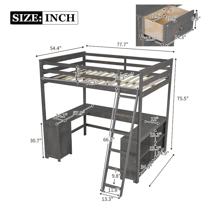 Lit mezzanine deux places avec bureau en U, tiroirs et étagères de rangement
