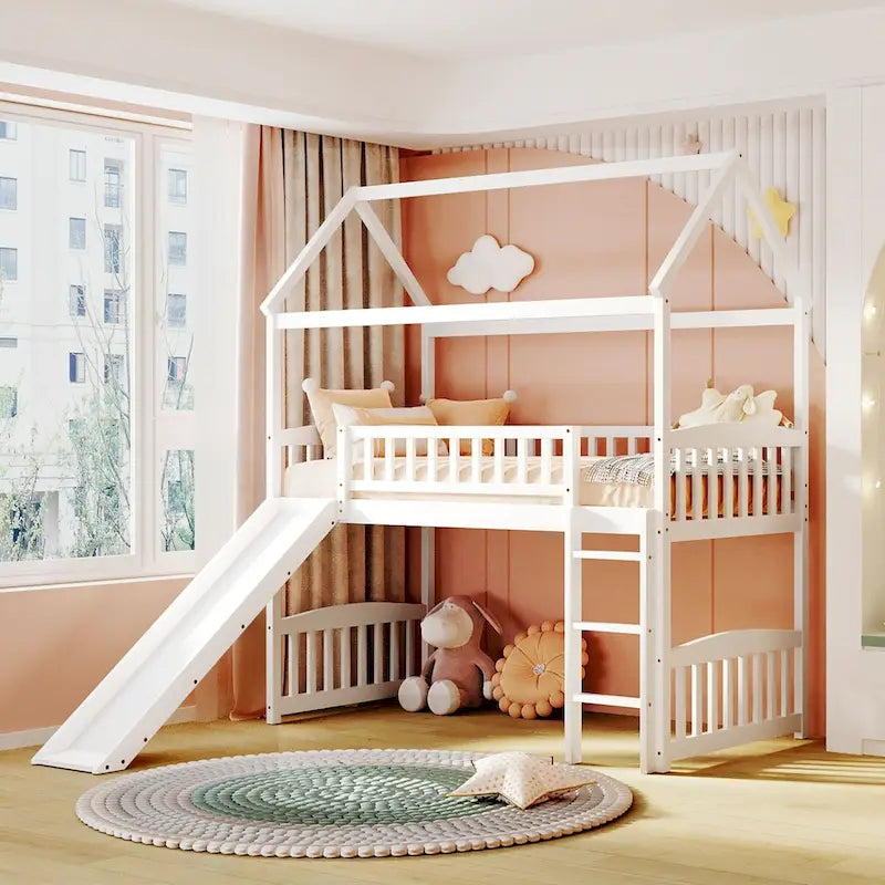 Lit mezzanine double avec toboggan et garde-corps