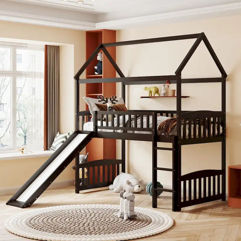 Lit mezzanine double avec toboggan et garde-corps