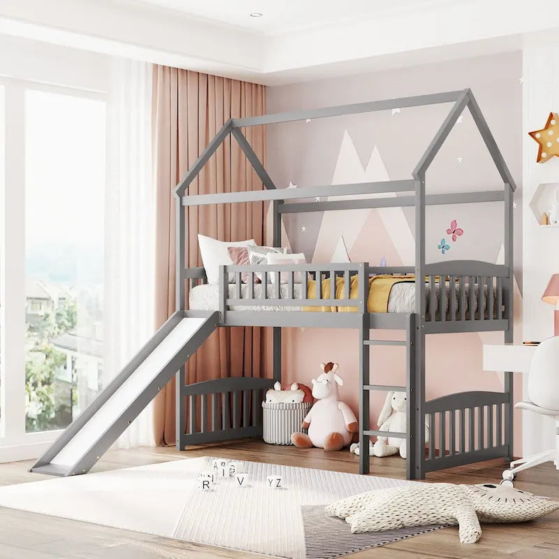 Lit mezzanine double avec toboggan et garde-corps