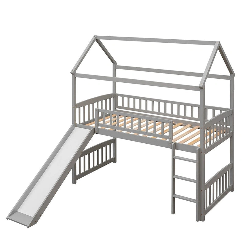 Lit mezzanine double avec toboggan et garde-corps
