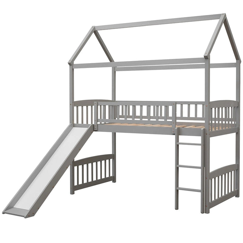 Lit mezzanine double avec toboggan et garde-corps