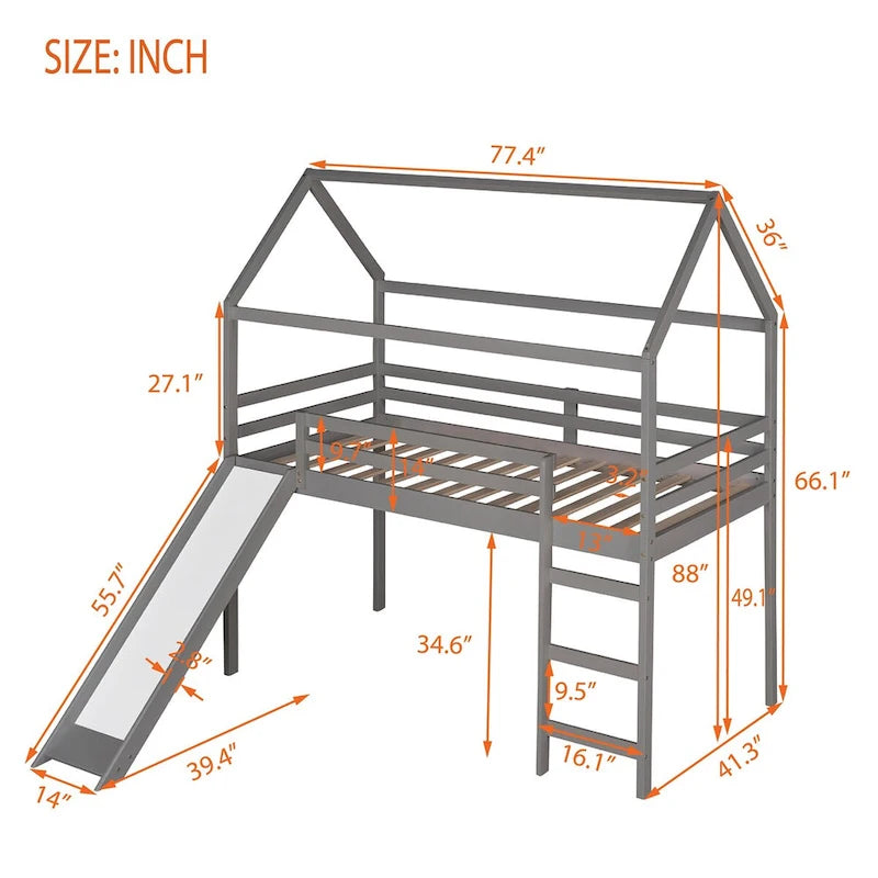 Lit superposé avec toboggan, lit cabane avec toboggan, gris, convient pour une chambre à coucher.