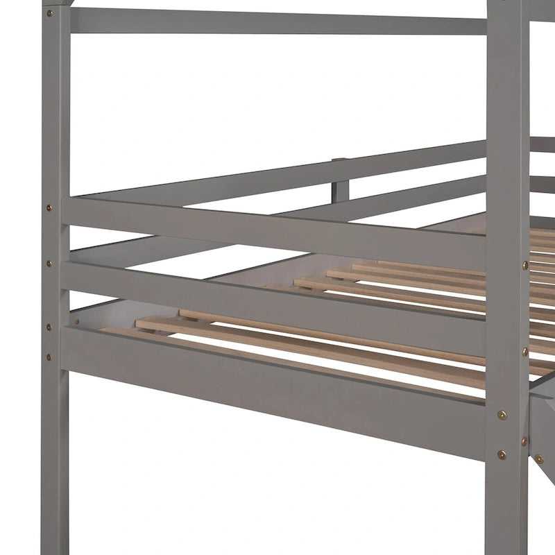 Lit superposé avec toboggan, lit cabane avec toboggan, gris, convient pour une chambre à coucher.