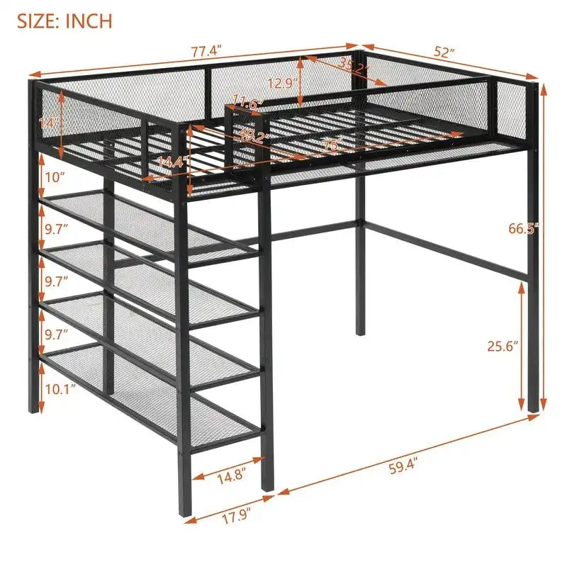Lit mezzanine en métal pour lits jumeaux avec étagères à 4 niveaux et rangement