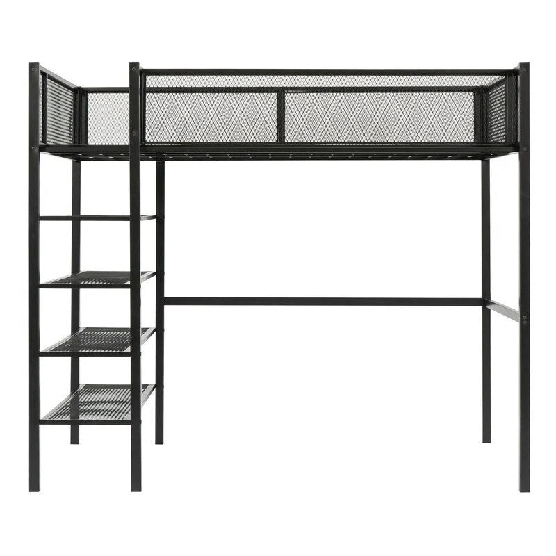 Lit mezzanine en métal pour lits jumeaux avec étagères à 4 niveaux et rangement