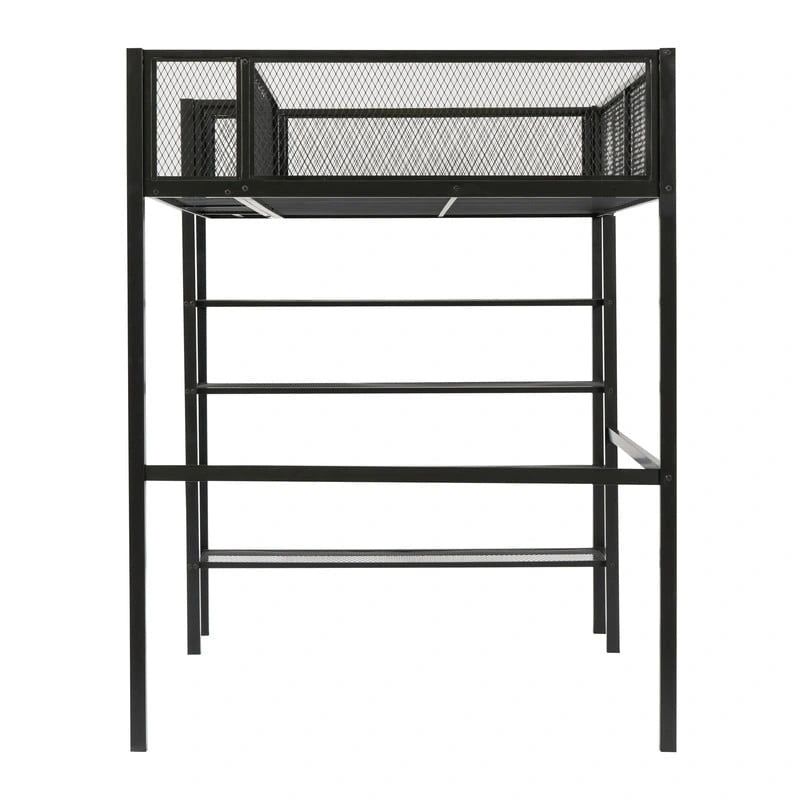 Lit mezzanine en métal pour lits jumeaux avec étagères à 4 niveaux et rangement