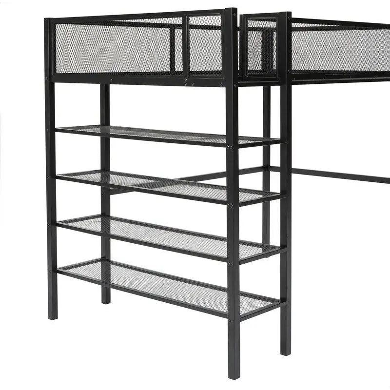 Lit mezzanine en métal pour lits jumeaux avec étagères à 4 niveaux et rangement