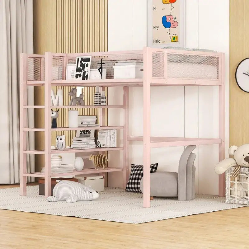 Lit mezzanine en métal pour lits jumeaux avec étagères à 4 niveaux et rangement