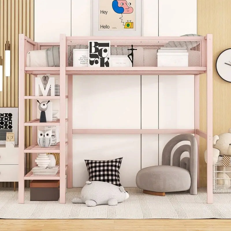 Lit mezzanine en métal pour lits jumeaux avec étagères à 4 niveaux et rangement