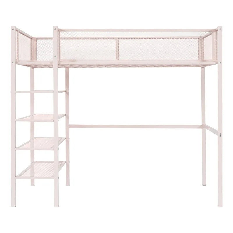 Lit mezzanine en métal pour lits jumeaux avec étagères à 4 niveaux et rangement