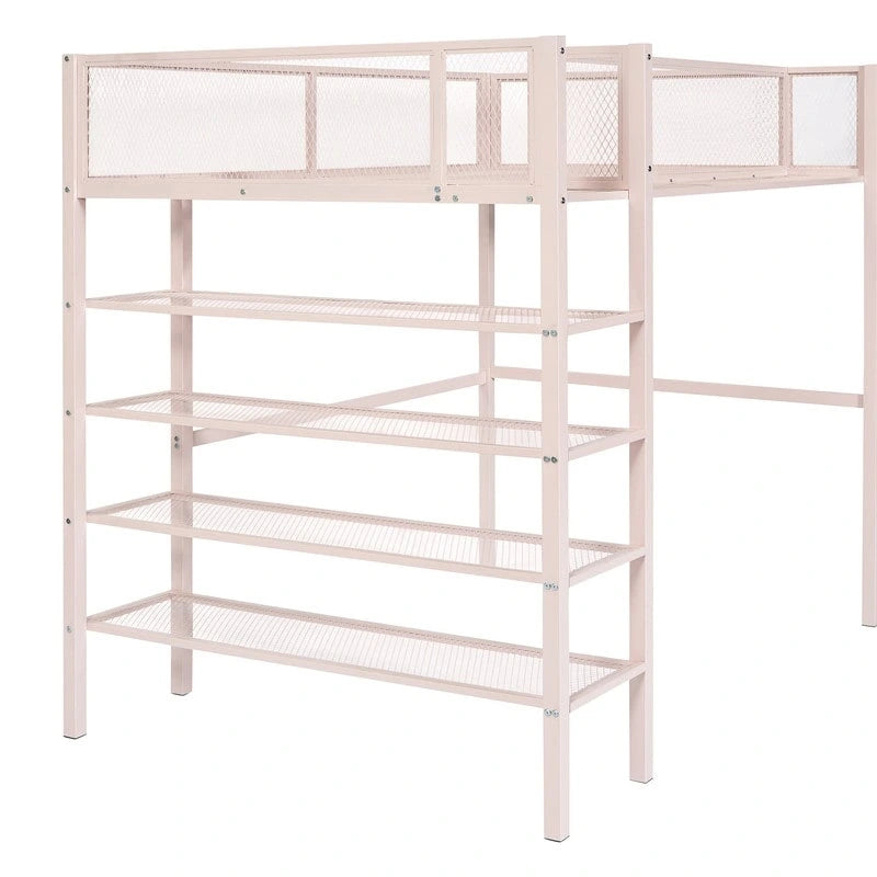 Lit mezzanine en métal pour lits jumeaux avec étagères à 4 niveaux et rangement