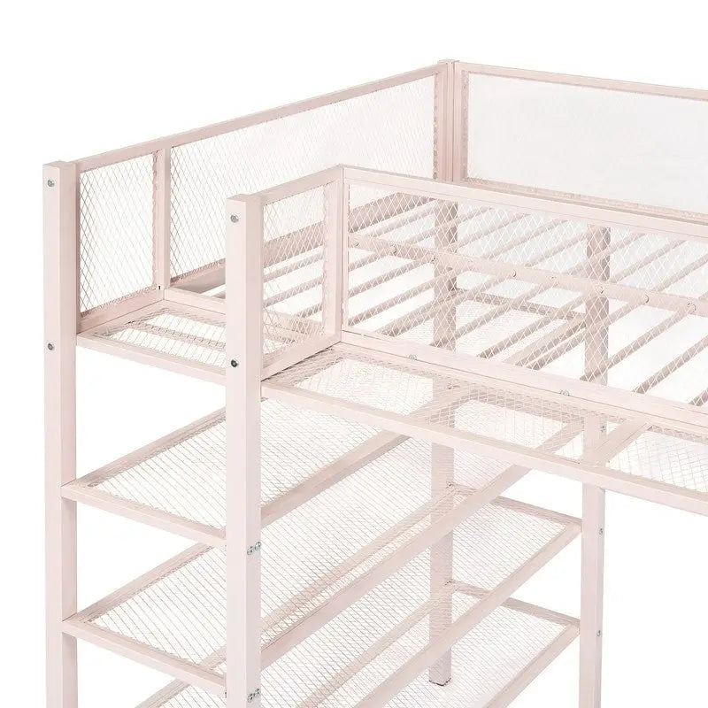 Lit mezzanine en métal pour lits jumeaux avec étagères à 4 niveaux et rangement
