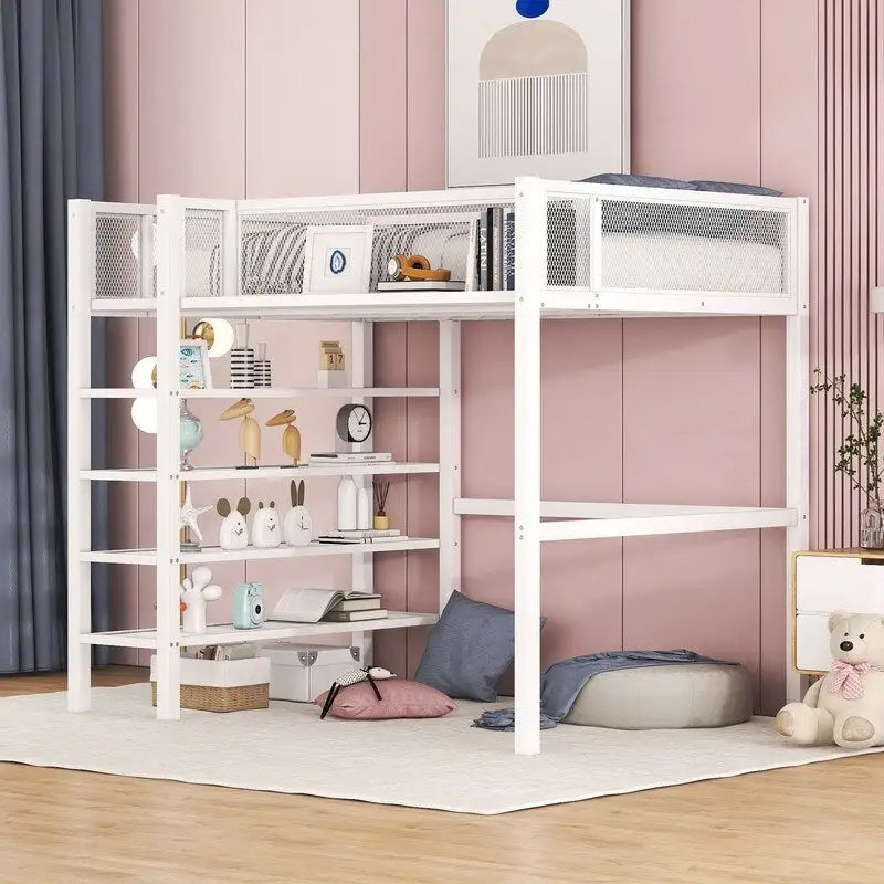 Lit mezzanine en métal pour lits jumeaux avec étagères à 4 niveaux et rangement