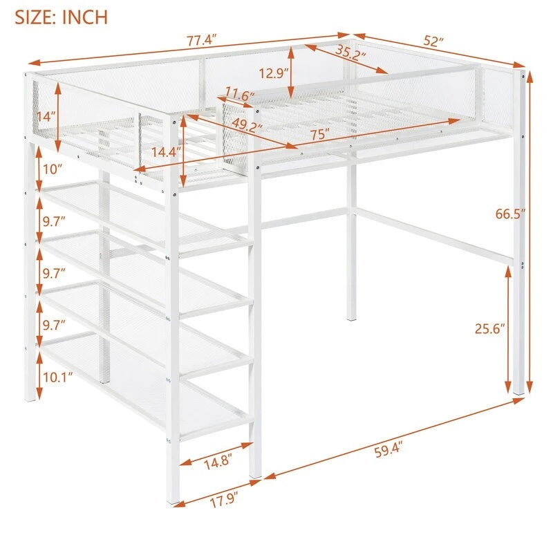 Lit mezzanine en métal pour lits jumeaux avec étagères à 4 niveaux et rangement