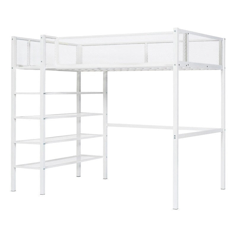 Lit mezzanine en métal pour lits jumeaux avec étagères à 4 niveaux et rangement