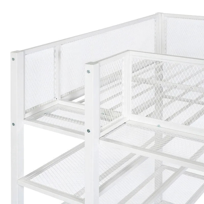 Lit mezzanine en métal pour lits jumeaux avec étagères à 4 niveaux et rangement