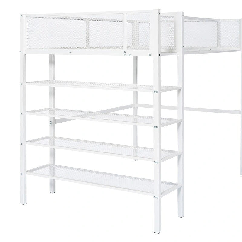 Lit mezzanine en métal pour lits jumeaux avec étagères à 4 niveaux et rangement