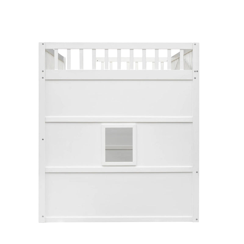 Lit mezzanine maison grandeur nature blanc et gris avec échelle, portes et fenêtre