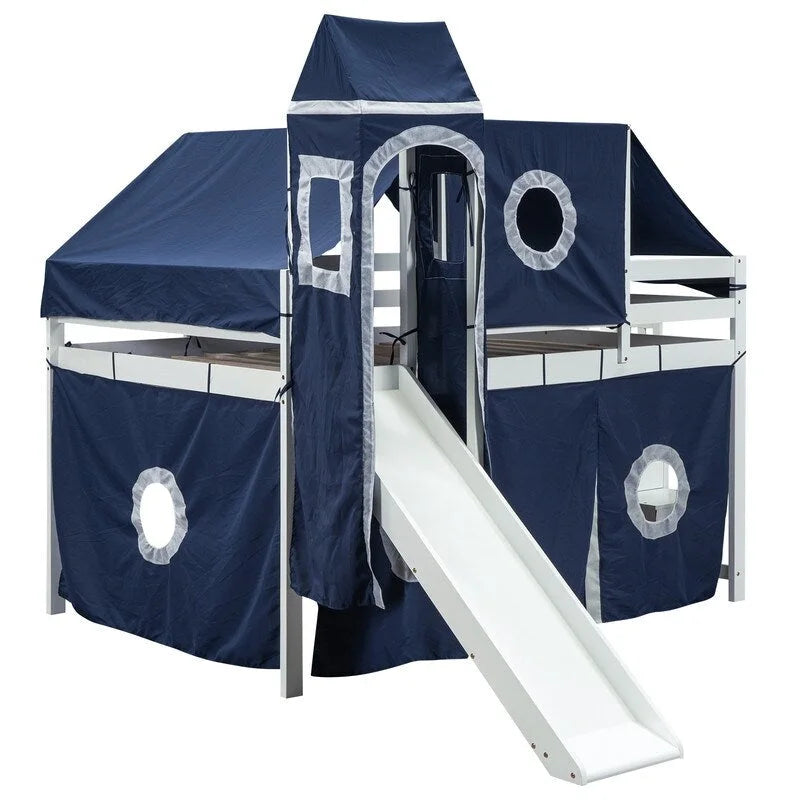 Wooden Full Size Loft Bed with Tent and Tower