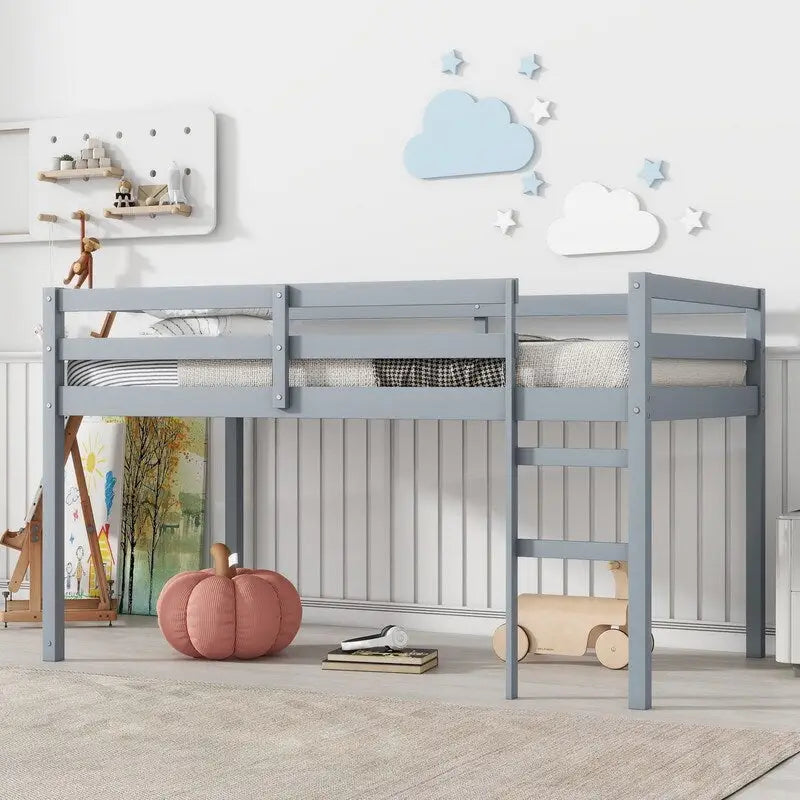 Solid Rubber Wooden Twin Loft Bed with Ladder and Strengthened Slats